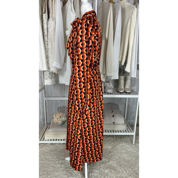 Worthington Women's Sz XS Orange Geometric Print Tie Neck Satin Midi Dress #0561 - Picture 4 of 13